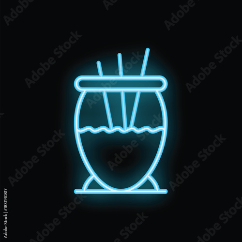 Blue neon sign of aromatic reed diffuser spreading pleasant scent, air freshener concept