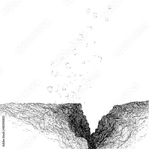 Illustration of a deep chasm between two land masses with circular shapes above the chasm area