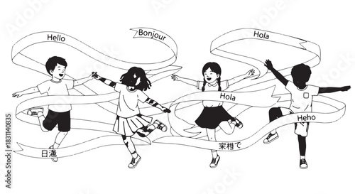Children skipping rope in a playful group activity illustration.