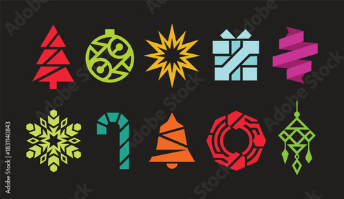 Set of holiday icons with tree bauble star present box ribbon bell shape