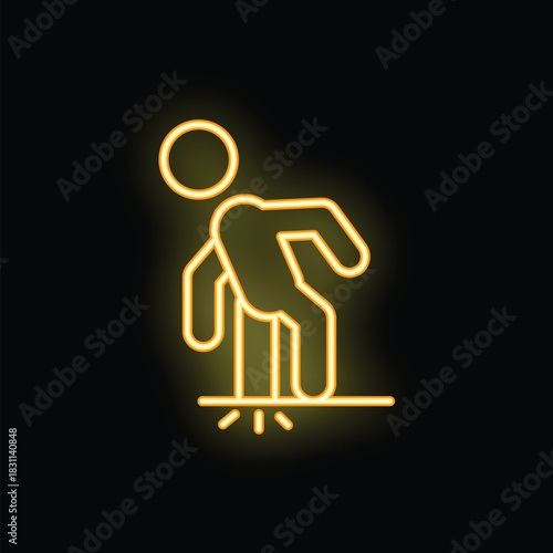 Yellow neon sign of a stylized person standing with legs together and arms hanging, waiting in line on black background