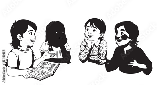 Group of children engaged in reading a book together at a table in a classroom illustration.