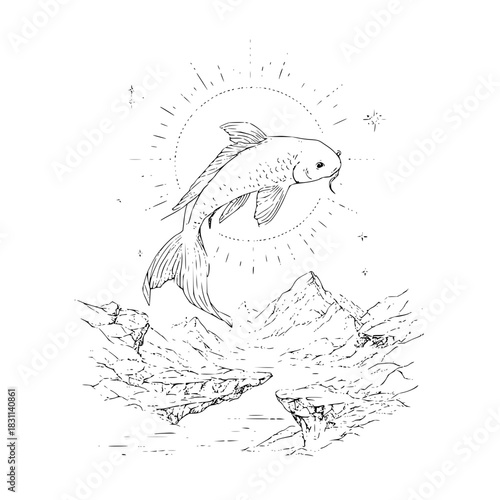 A detailed drawing of a koi fish swimming above a mountain landscape with a radiant halo around it