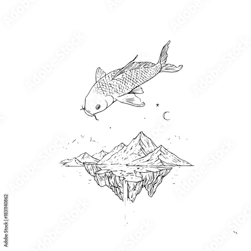A drawing of a koi fish above a floating island with mountains and a star and moon in the background
