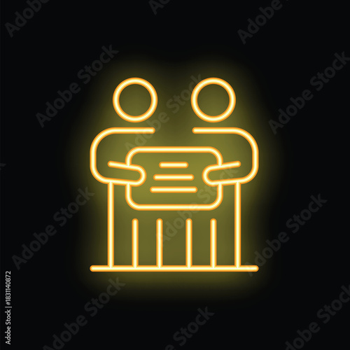 Neon sign of two businessmen holding a contract, symbolizing a successful business agreement