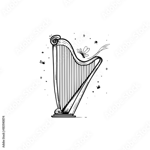 Illustration of a harp with a dragonfly and small insects in a black and white sketch style drawing