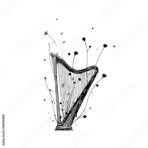 Illustration of a black and white harp surrounded by delicate floral elements on a plain background