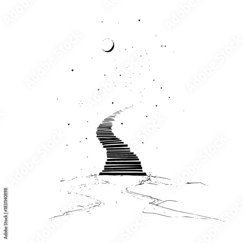 A winding staircase ascends towards the moon amidst a starry sky in a monochrome illustration style