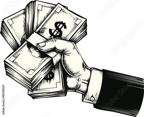 An engraving art style illustration vintage hand in suit sleeve holding thick stack of cash money