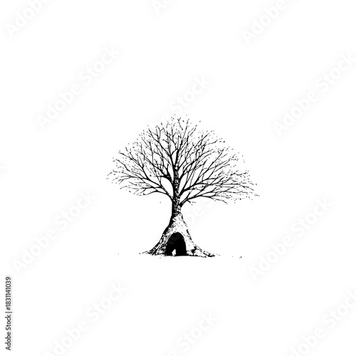 Illustration of a bare tree with a hollow trunk and visible entrance on a white background art style