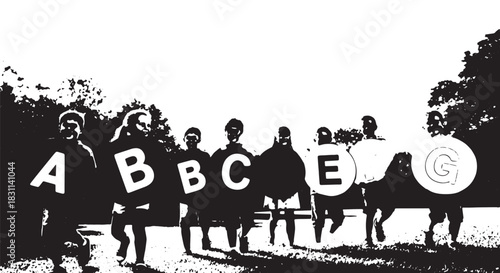 Silhouetted group of people holding large letter signs together outdoors in a row.
