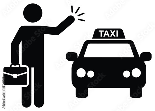 Businessman hailing a taxi cab with luggage