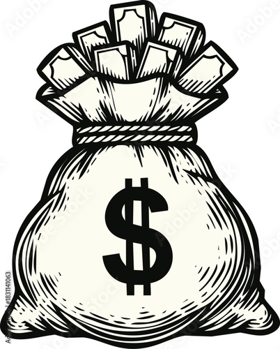 An engraving art style illustration hand drawn vintage style money bag with dollar sign symbol