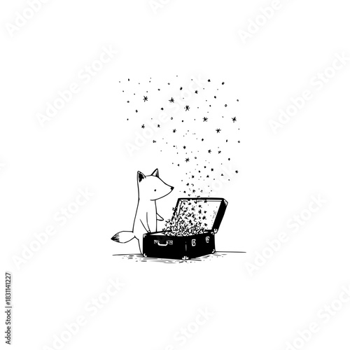 A fox sitting by an open suitcase with stars emanating from it in a black and white illustration
