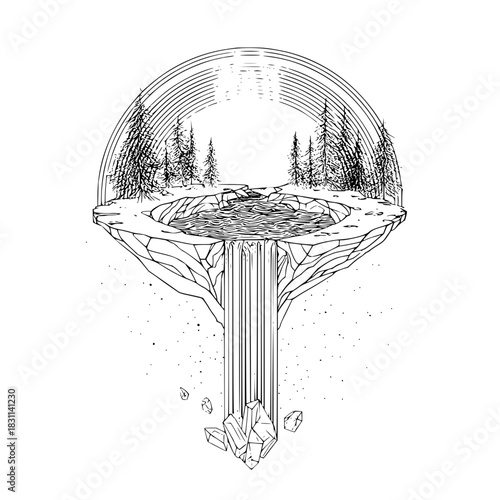 Floating island with pine trees pond and waterfall in black and white line art illustration style design