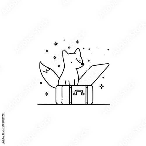 A whimsical line drawing of a fox sitting inside of an opened suitcase with stars and circles around
