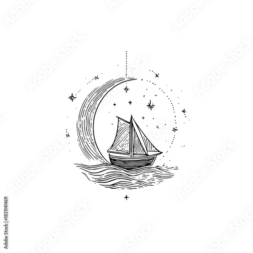 Illustration of a sailboat sailing on waves within a crescent moon surrounded by stars and dots