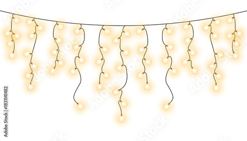 Warm fairy lights curtain — hanging string light decoration with glowing bulbs on transparent background