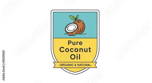 Decorative label showcasing a ripe coconut and the words pure coconut oil