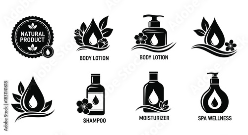 Black and white icons depicting natural beauty and body care products