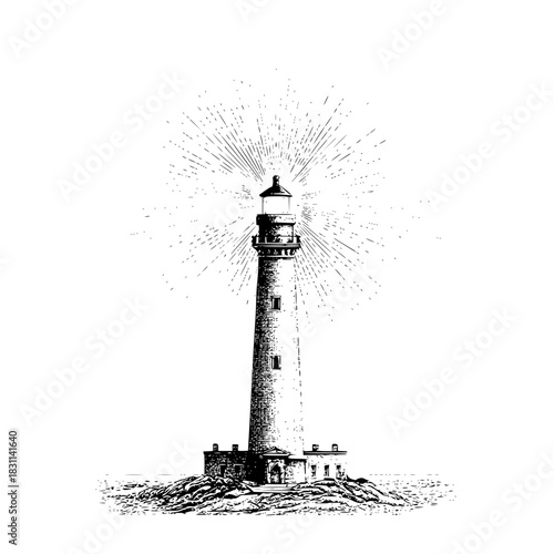 Illustration of a tall lighthouse with a radiating light on a rocky outcrop in black and white