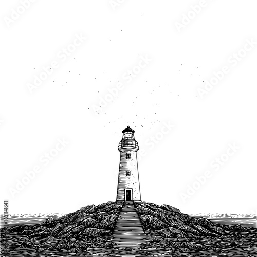Illustration of a lighthouse on a rocky island with a path leading up to the entrance of the structure