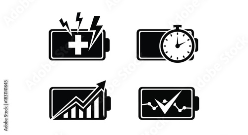 Battery health time and performance indicators displayed as black vector icons