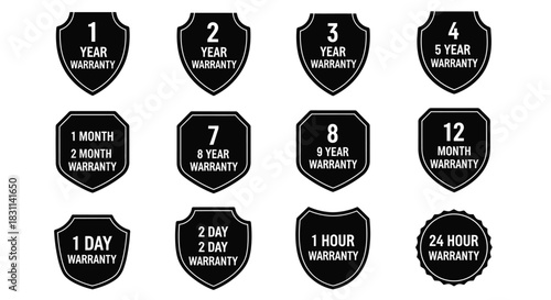 Various warranty badges displaying different time periods for product guarantees