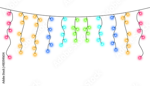 Colorful round fairy lights curtain — hanging multicolor bulb string decoration on white background