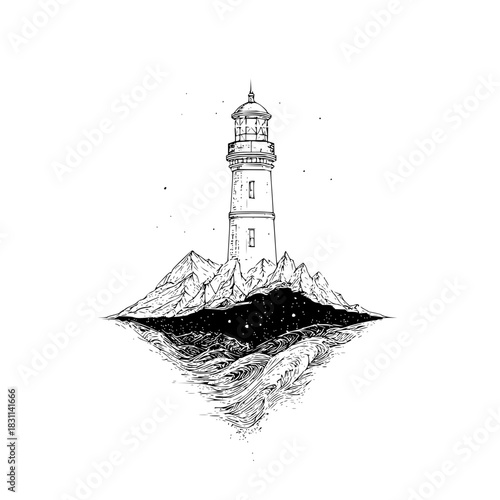 A lighthouse stands atop a mountain island surrounded by a starry sea and crashing waves drawing style