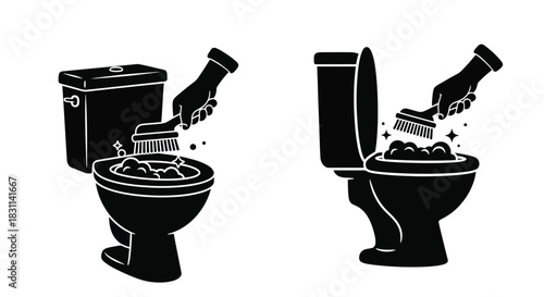 Cleaning a toilet showing before and after with brushes and sparkles