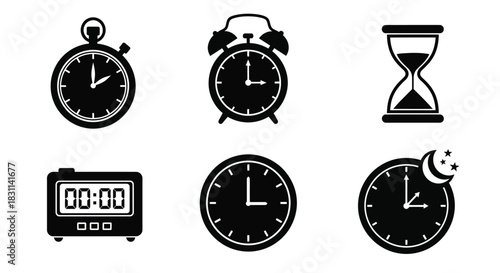 Various timekeeping devices depicted in a simple black and white illustration