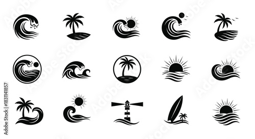 Collection of tropical island themed black and white vector design elements