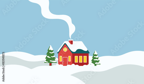 Cozy Winter Home Red House in Snowy Landscape with Smoke Pine Trees Holiday Season Cold Weather Christmas Scene Vector
