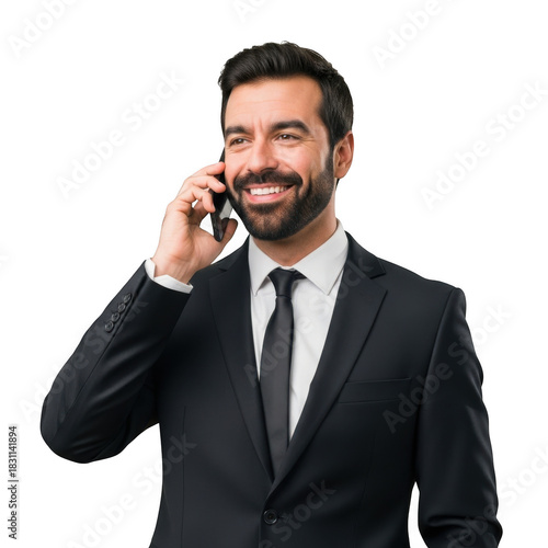 Smiling businessman with beard and mustache speaking on a mobile phone wearing a suit isolated on transparent background