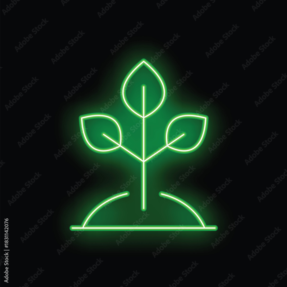 Naklejka premium Green neon sign depicting a small plant growing in soil with a black background