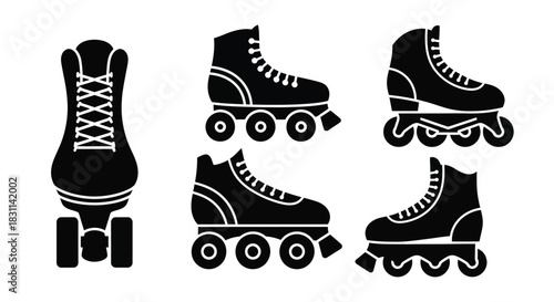 Black and white illustration of various roller skates and a winter boot