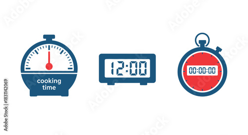 Three timekeeping devices displayed a kitchen timer digital clock and stopwatch