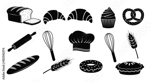 Black and white bakery icons featuring breads pastries and baking tools