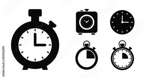 Variety of timekeeping devices stopwatches clocks and pocket watches displayed