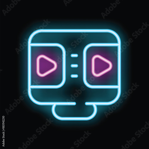 Brightly shining neon icon of a videocassette on dark background
