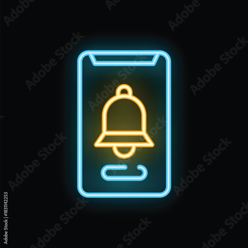 Neon sign showing a smartphone displaying a notification bell icon, on a black background