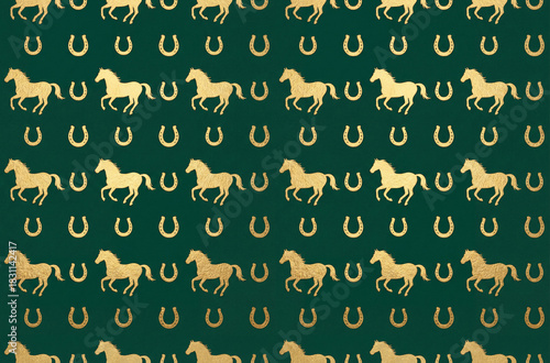 Repeating seamless pattern of golden horses and horseshoes on a dark green background. The design is suitable for textiles or wallpapers.Generative Ai 