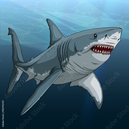 Hand Drawn Comic Style Great White Shark Illustration in the Deep Blue Ocean Background
