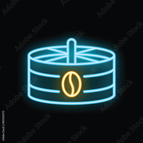 Neon glowing icon of a coffee container radiating light with a coffee bean on it on a black background