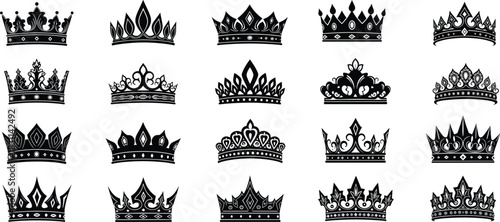Mega Black Silhouette Crown and Tiara Vector Icon Set Featuring Various Regal Designs, Shapes, and Intricate Details for Royalty and Awards.