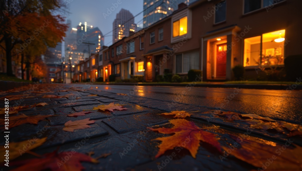Fototapeta premium Warm Glow of Autumn: A Serene Perspective on a Cozy Urban Street at Dusk, Highlighted by Fallen Leaves and Twinkling City Lights