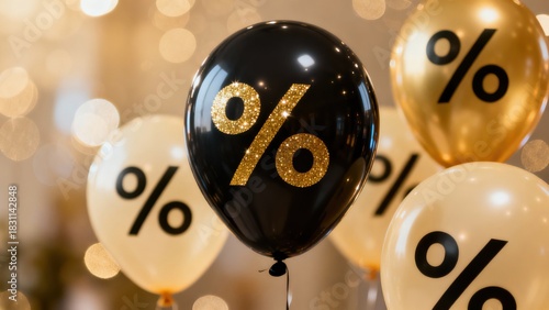 Decorative Balloons Featuring Percentage Signs in Black and Gold Amid a Festive Bokeh Background for Celebration or Sale Events
