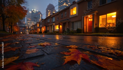 Warm Glow of Autumn: A Serene Perspective on a Cozy Urban Street at Dusk, Highlighted by Fallen Leaves and Twinkling City Lights