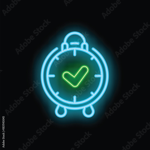 Neon alarm clock is showing check mark, concept of time management or deadline